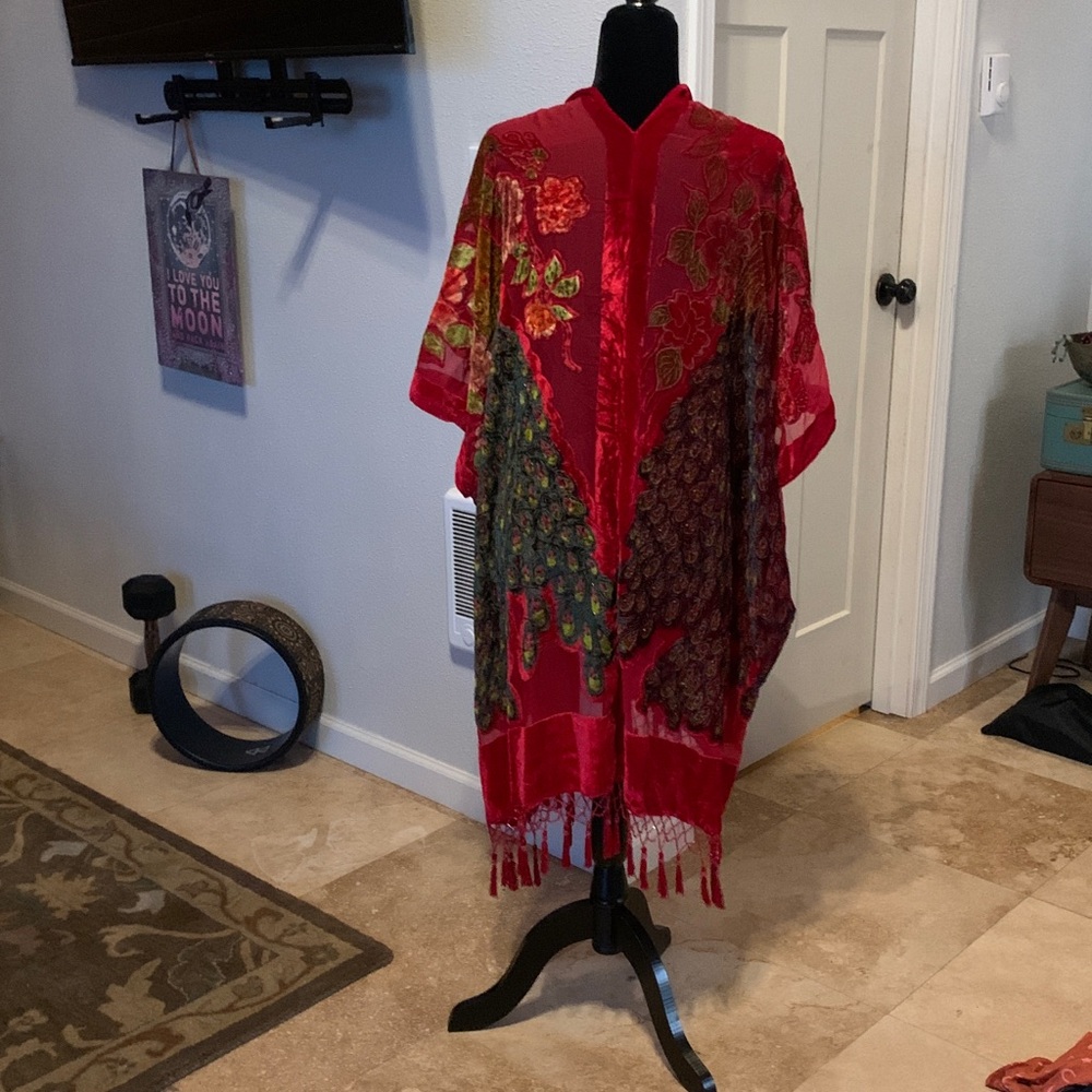 Red velvet peacock Kimono with Fringe